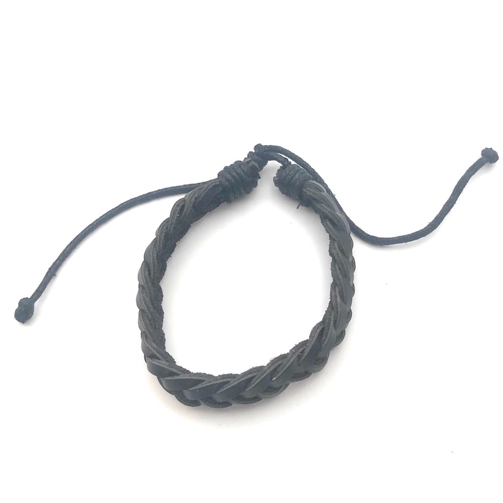 Black Braided Leather Adjustable Bracelet - Picture 4 of 5